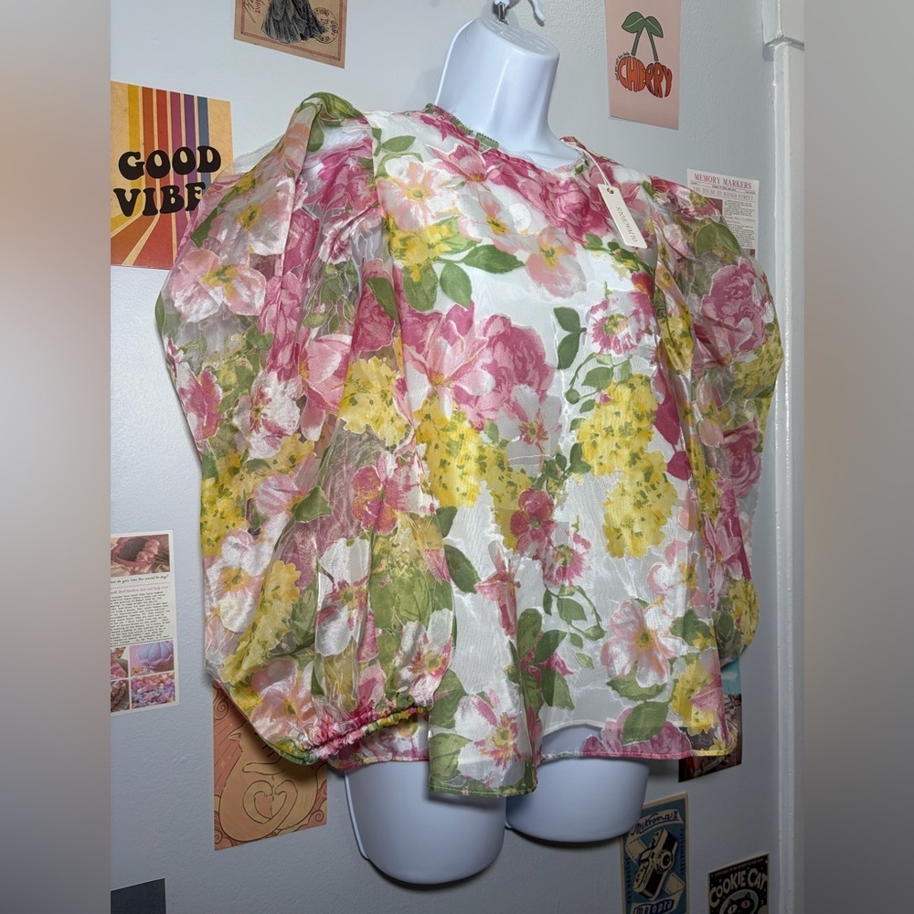 Olivaceous Sheer Floral Puff-Sleeve Blouse in Pink, Yellow & Green - Picture 3 of 7